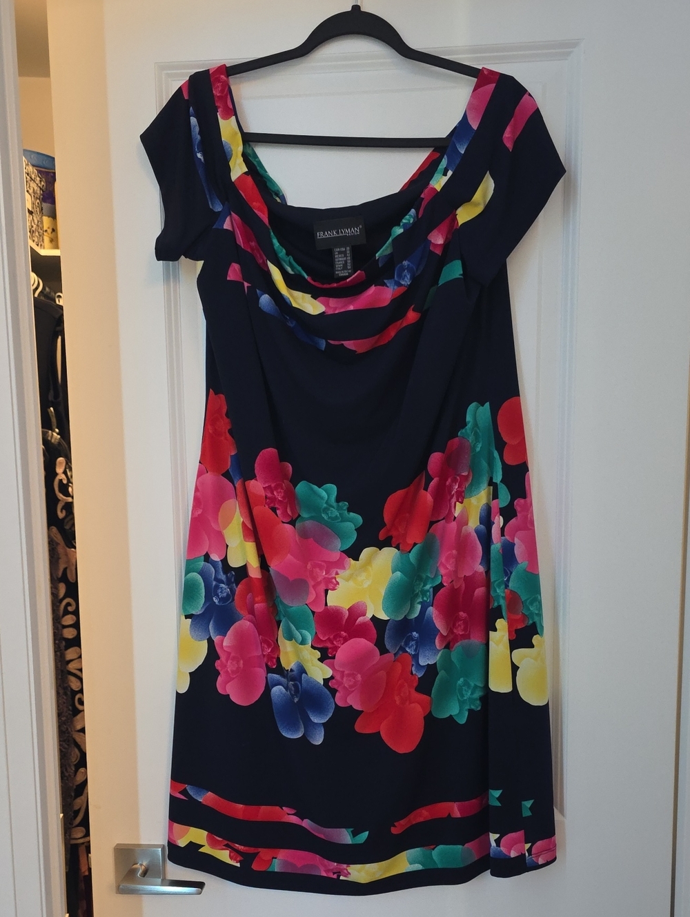 Frank Lyman Design Navy Floral Off The Shoulder  Dress with Multicolor Blooms